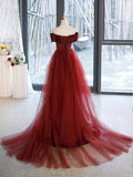 Mermaid V-Neck Satin Long Prom Dress,  Burgundy Off Shoulder Evening Dress with Bow HZ0429