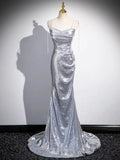 Silver Sequins Long Prom Dress, Mermaid Spaghetti Strap Evening Party Dress HZ0429