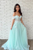 Green Tulle Applique Long Prom Dresses, Off the Shoulder Evening Dresses HZ0429