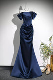 Navy Blue Satin Off-the-Shoulder Mermaid Evening Gown with Corset Bodice HZ0429
