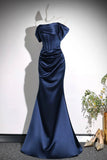 Navy Blue Satin Off-the-Shoulder Mermaid Evening Gown with Corset Bodice HZ0429