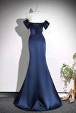 Navy Blue Satin Off-the-Shoulder Mermaid Evening Gown with Corset Bodice HZ0429