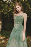 Green Spaghetti Strap Tulle Lace Long Prom Dress, Lovely A-Line Evening Dress HZ0429
