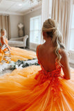 Orange Tulle Lace Long Prom Dresses, V-Neck Evening Dresses HZ0429