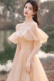 Cute Tulle Long A-Line Prom Dresses, Champagne Lace-Up Party Dresses HZ0429