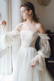 White Tulle Off the Shoulder Prom Dress, A-Line Long Sleeve Evening Dress HZ0429