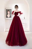 Off Shoulder Tulle Burgundy Formal Evening Dress, A-Line Party Dress HZ0429