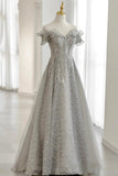 Grey Tulle Sequins Long A-Line Prom Dresses, Off the Shoulder Evening Dresses HZ0429