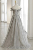Grey Tulle Sequins Long A-Line Prom Dresses, Off the Shoulder Evening Dresses HZ0429
