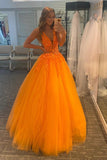 Orange V-Neck Lace Long Prom Dresses, A-Line Evening Dresses HZ0429