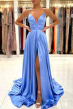 Simple V-Neck Satin Long Prom Dress, A-Line Evening Dress with Slit HZ0429