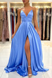Simple V-Neck Satin Long Prom Dress, A-Line Evening Dress with Slit HZ0429