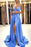 Simple V-Neck Satin Long Prom Dress, A-Line Evening Dress with Slit HZ0429