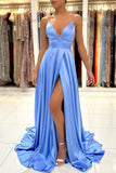 Simple V-Neck Satin Long Prom Dress, A-Line Evening Dress with Slit HZ0429