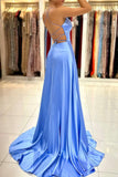 Simple V-Neck Satin Long Prom Dress, A-Line Evening Dress with Slit HZ0429