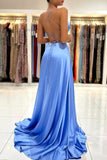 Simple V-Neck Satin Long Prom Dress, A-Line Evening Dress with Slit HZ0429