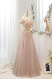Pink Tulle Sequins Long Prom Dresses, A-Line Off the Shoulder Evening Dresses HZ0429