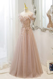 Pink Tulle Sequins Long Prom Dresses, A-Line Off the Shoulder Evening Dresses HZ0429