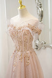 Pink Tulle Sequins Long Prom Dresses, A-Line Off the Shoulder Evening Dresses HZ0429