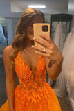 Orange V-Neck Lace Long Prom Dresses, A-Line Evening Dresses HZ0429