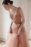 Pink Tulle Long Prom Dress, A-Line Evening Dress with Applique HZ0429
