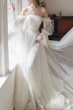 White Tulle Off the Shoulder Prom Dress, A-Line Long Sleeve Evening Dress HZ0429