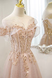 Pink Tulle Sequins Long Prom Dresses, A-Line Off the Shoulder Evening Dresses HZ0429