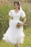 White V-Neck Tulle Short Prom Dress, A-Line Short Sleeve Party Dress HZ0429