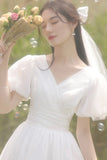 White V-Neck Tulle Short Prom Dress, A-Line Short Sleeve Party Dress HZ0429