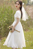 White V-Neck Tulle Short Prom Dress, A-Line Short Sleeve Party Dress HZ0429