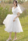 White V-Neck Tulle Short Prom Dress, A-Line Short Sleeve Party Dress HZ0429