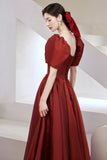 Burgundy Satin Long Prom Dresses, A-Line Short Sleeve Evening Dresses HZ0429