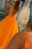Orange V-Neck Lace Long Prom Dresses, A-Line Evening Dresses HZ0429