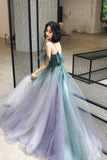 A-Line Ombre Tulle Long Prom Dress, V-Neck Evening Dress HZ0429