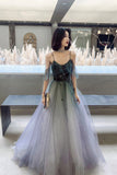 A-Line Ombre Tulle Long Prom Dress, V-Neck Evening Dress HZ0429