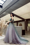 A-Line Ombre Tulle Long Prom Dress, V-Neck Evening Dress HZ0429