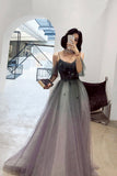 A-Line Ombre Tulle Long Prom Dress, V-Neck Evening Dress HZ0429