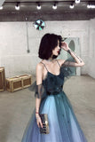 A-Line Ombre Tulle Long Prom Dress, V-Neck Evening Dress HZ0429