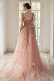 Pink Tulle Long Prom Dress, A-Line Evening Dress with Applique HZ0429