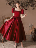 Burgundy Satin Beaded Tea Length Prom Dress, A-Line Short Sleeve Party Dress HZ0429