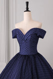 Navy Blue Floor Length Prom Dress with Black Dotted Tulle Overlay Off Shoulder Formal Evening Gown HZ0429