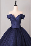 Navy Blue Floor Length Prom Dress with Black Dotted Tulle Overlay Off Shoulder Formal Evening Gown HZ0429