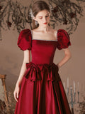 Burgundy Satin Beaded Tea Length Prom Dress, A-Line Short Sleeve Party Dress HZ0429