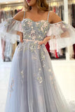 Gray Spaghetti Strap Long Prom Dresses, A-Line Evening Dress HZ0429