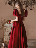 Burgundy Satin Beaded Tea Length Prom Dress, A-Line Short Sleeve Party Dress HZ0429