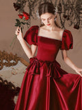 Burgundy Satin Beaded Tea Length Prom Dress, A-Line Short Sleeve Party Dress HZ0429