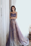 Purple Strapless Tulle Long Formal Dress, A-Line Tulle Evening Dress HZ0429