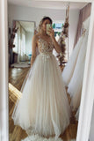 Champagne Tulle Lace Long Prom Dress, A-Line Evening Party Dress HZ0429