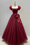 Burgundy Tulle Short Sleeve A-Line Formal Dresses, Burgundy Evening Dresses HZ0429