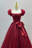 Burgundy Tulle Short Sleeve A-Line Formal Dresses, Burgundy Evening Dresses HZ0429